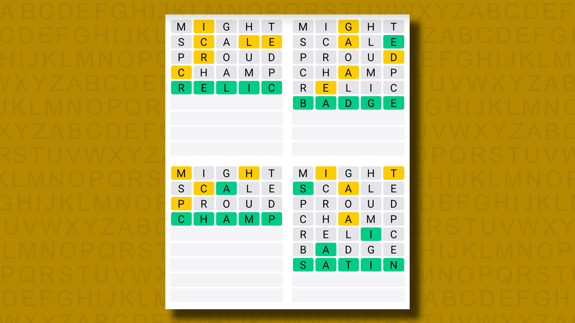 Quordle answers for game 1202 on a yellow background