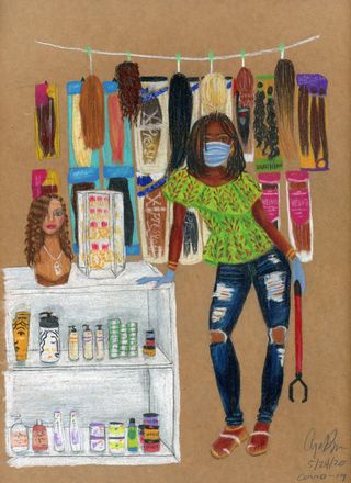 Portrait image by Aya Brown entitled 'BEAUTY SUPPLY WORKER' from her COVID-19 essential worker series now on display across Brooklyn bus stops