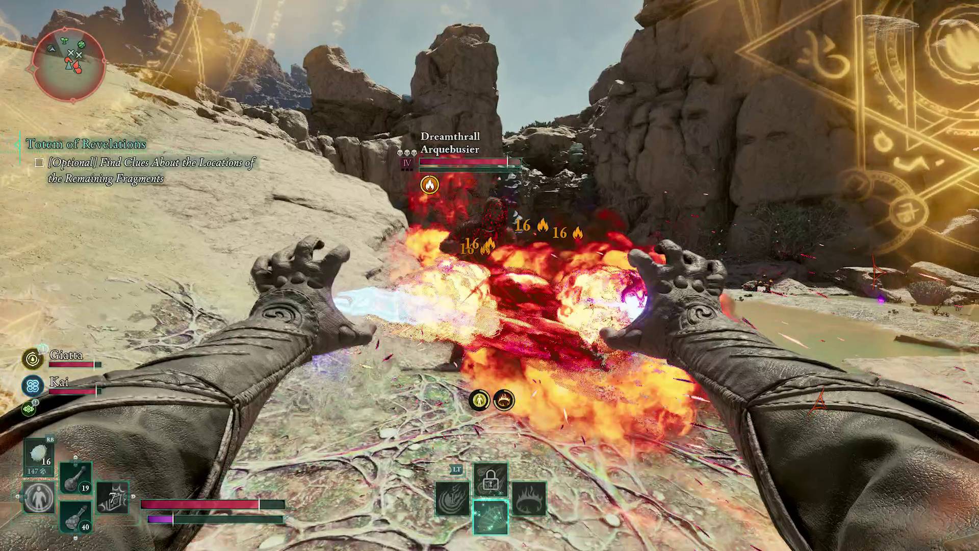 Avowed player spitting streams of fire at their hands at a zombie-like Dreamthrall enemy in a desert environment