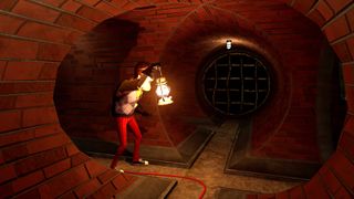 Mr. Peterson holds up a lantern as he explores the brick tunnels in his basement