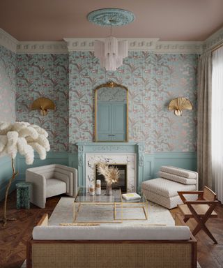 Aqua living room with wallpaper and wainscotting, pink ceiling, modern furniture