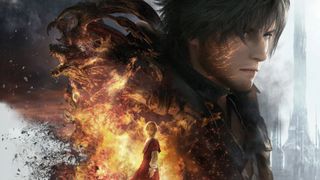 Final Fantasy 16-Chiave Art for Final Fantasy 16, con il protagonista Clive, Joshua e ifrit condannati, e Ifrit, The Fiery Eikon