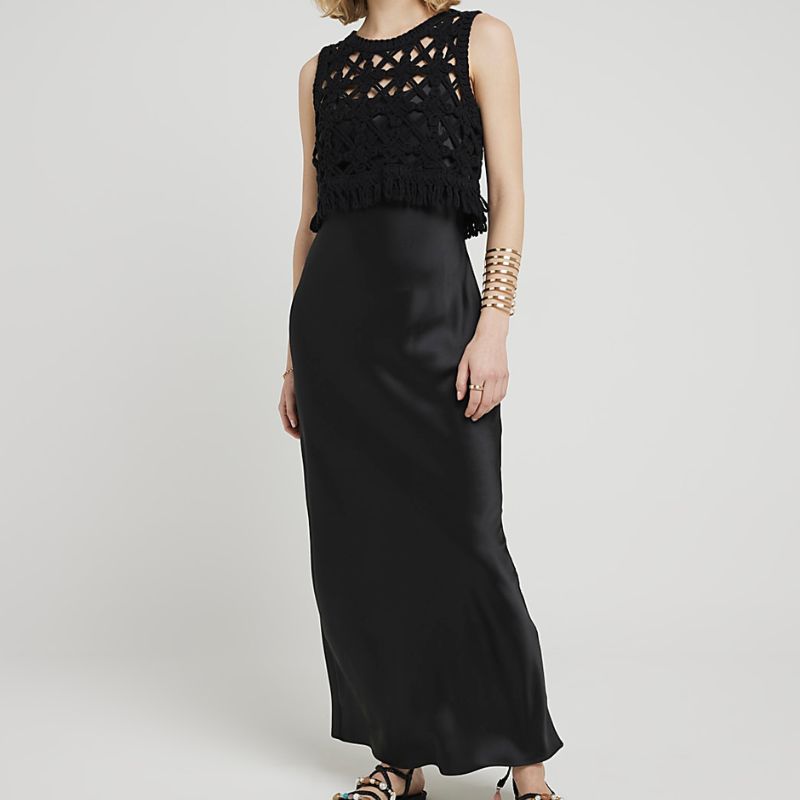 Black Crochet Vest And Slip Maxi Dress