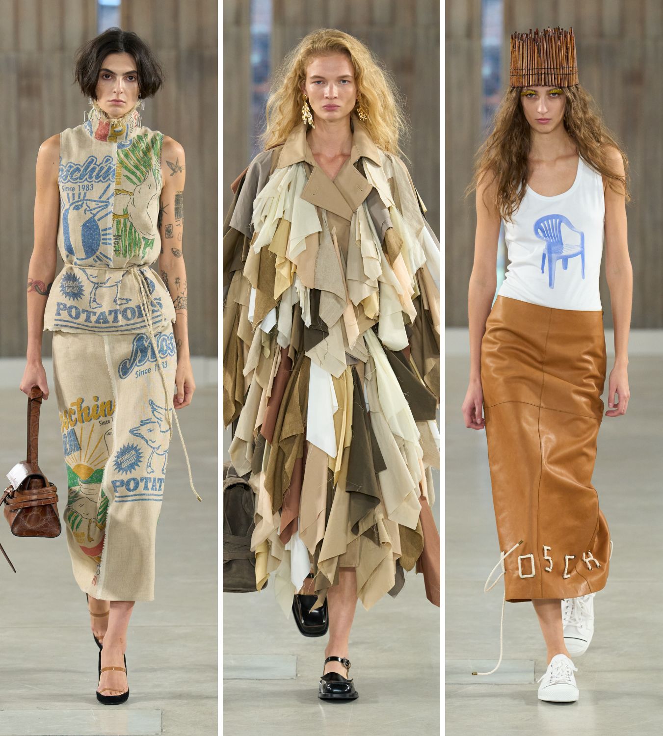three models walk the runway at moschino ss26 show