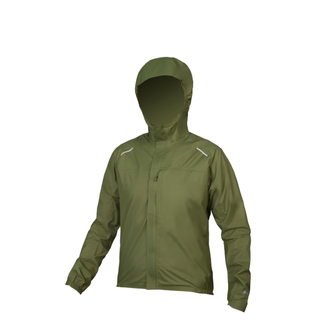 An olive rain jacket on a white background