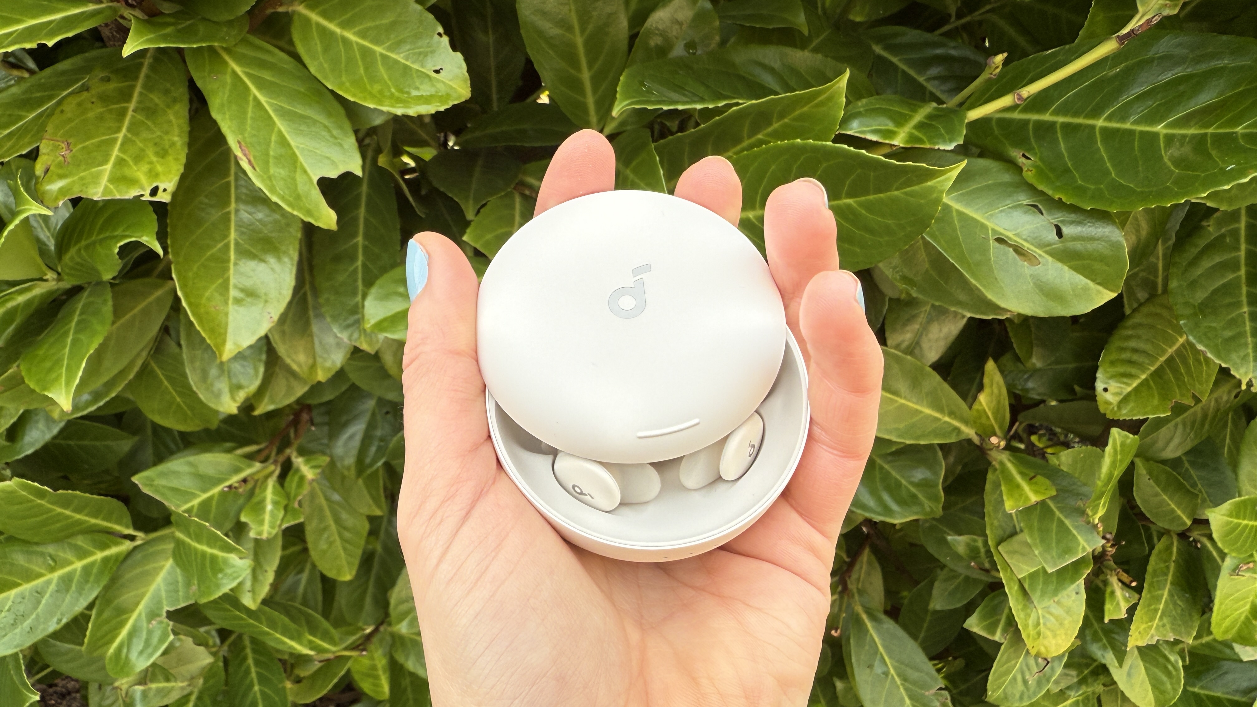 The soundcore sleep a30 buds in their case against a green hedge.