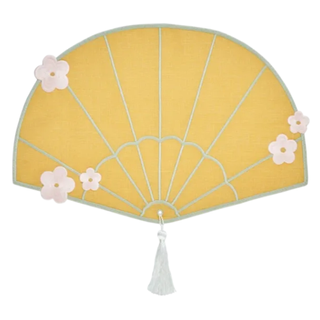 A yellow placemat shaped like a fan, ideal for tablescaping