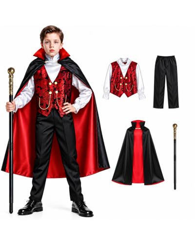 Blmukce Boys Vampire Costume Set, Halloween Party Vampire Cosplay Outfit With Cape, Shirt, Pants & Cane, Kids Dracula Costume (s(3-6y, 43