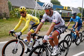 MRDEBRETAGNE GUERLDAN FRANCE JUNE 27 Julian Alaphilippe of France and Team Deceuninck QuickStep yellow leader jersey Peter Sagan of Slovakia and Team BORA Hansgrohe during the 108th Tour de France 2021 Stage 2 a 1835km stage from PerrosGuirec to MrdeBretagne Guerldan 293m LeTour TDF2021 on June 27 2021 in MrdeBretagne Guerldan France Photo by Chris GraythenGetty Images