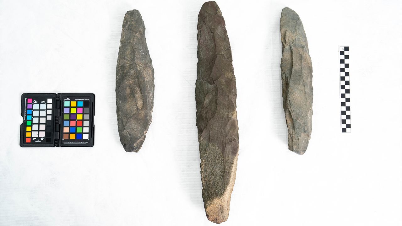 Three hand ax artefacts from Qurh Plain AlUla in Saudi Arabia.