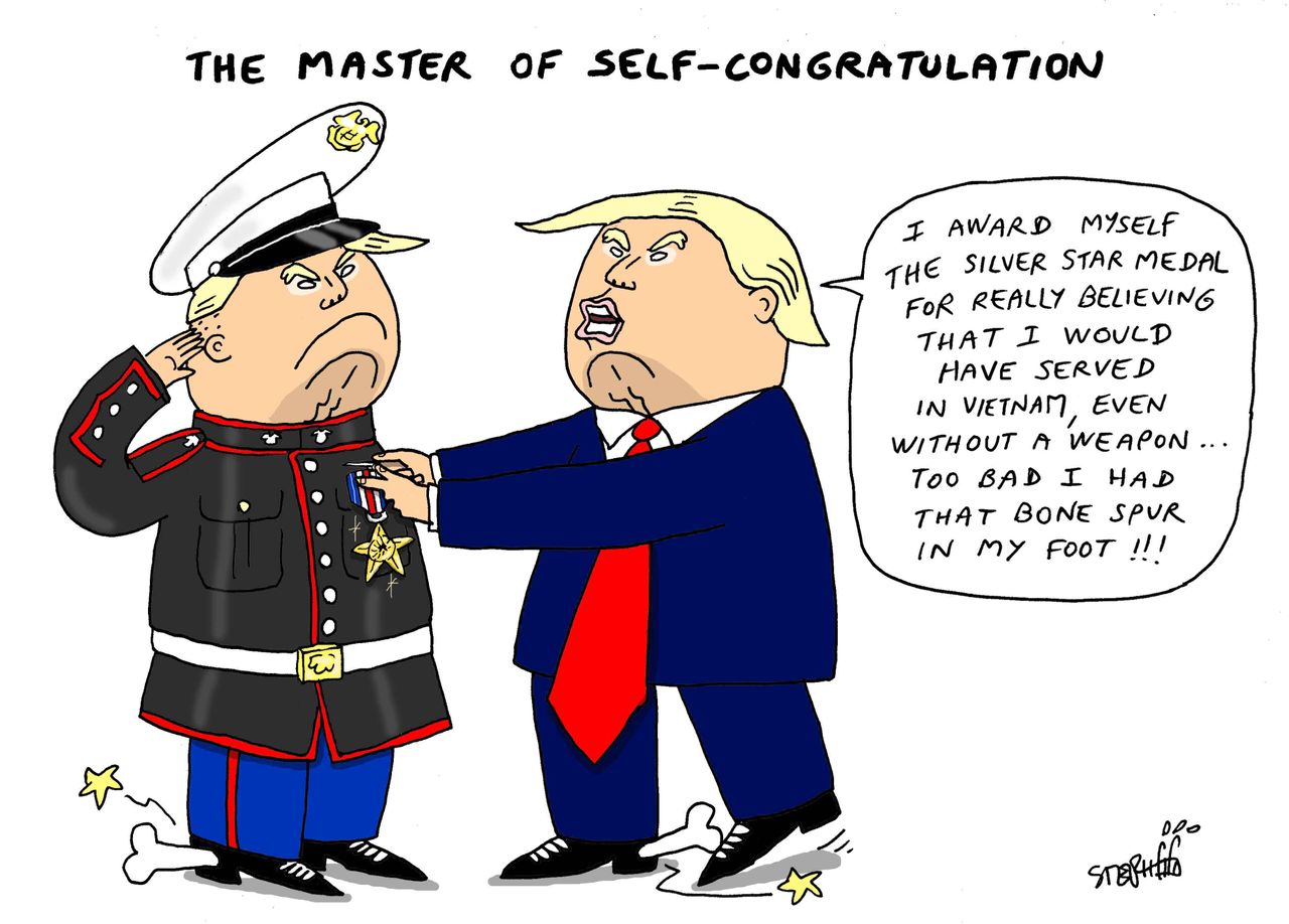 Political cartoon U.S. Trump heroism comments bone spurs school shooting