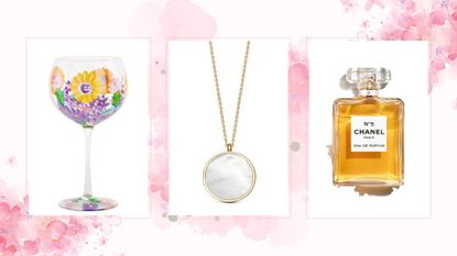 A composite image showing three different 40th birthday gift ideas against a white background with illustrated pink flowers.