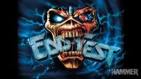 Iron Maiden mascot Eddie biting down on the word EDDFEST