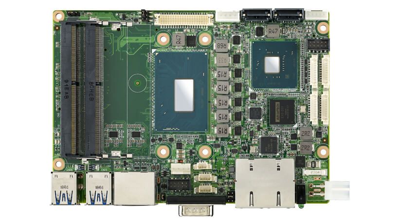 Top side of the MIO-5393 showing CPU, RAM and SATA ports