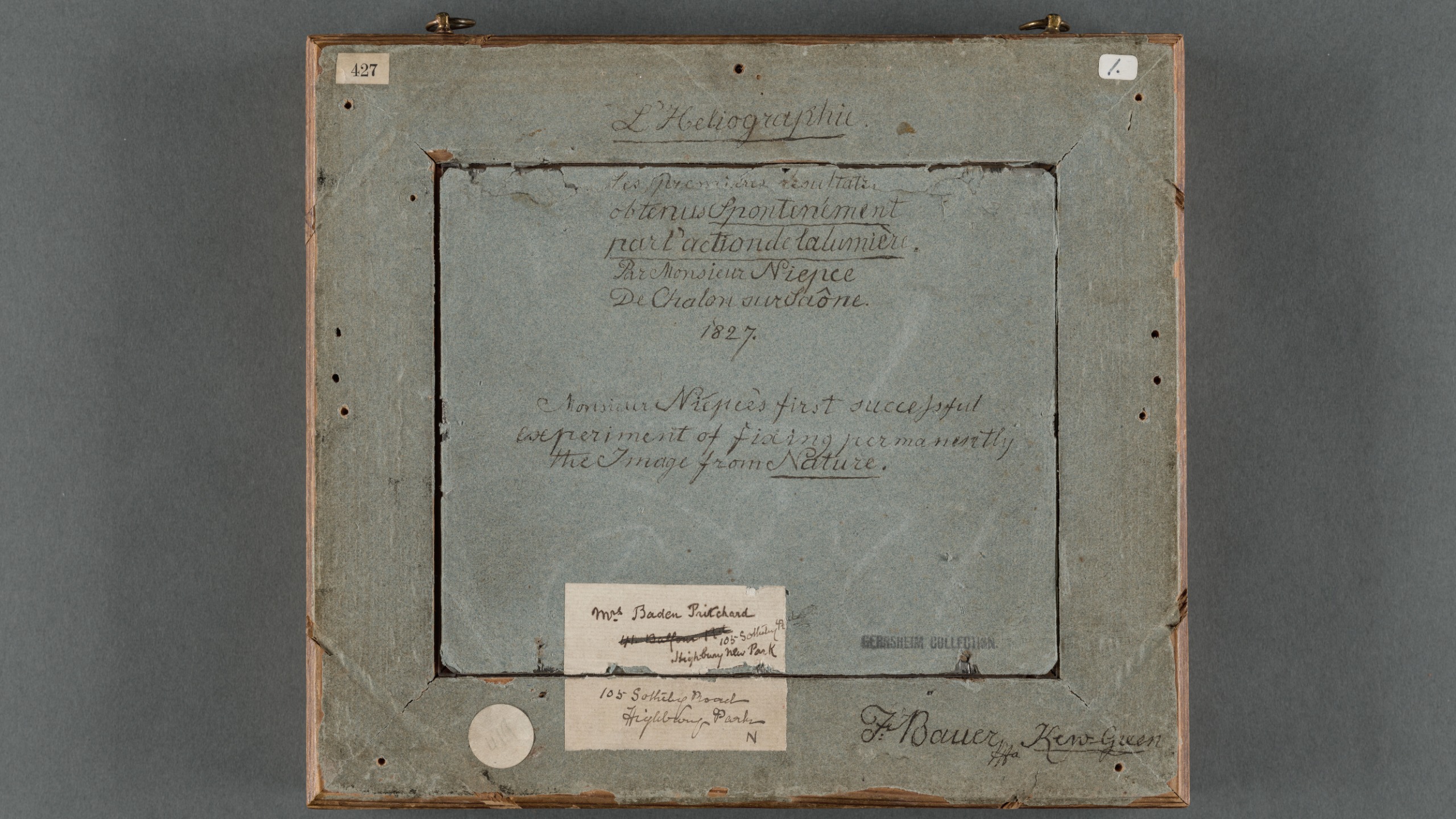 Reverse of the image from Window at Le Gras], 1827. Heliograph on pewter, 16.7 x 20.3 x .15 cm. Gernsheim Collection