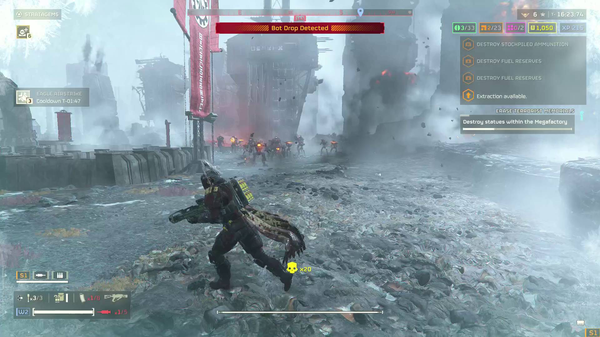 Helldivers 2 helldiver running away from horde of Automatons on Cyberstan