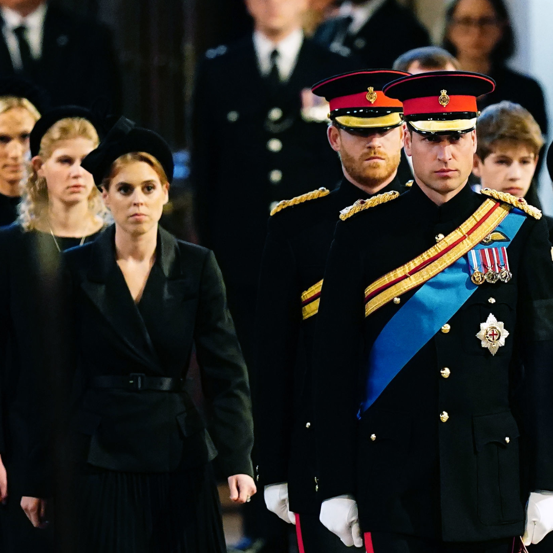 Princess Beatrice and Prince William wearing black at Queen Elizabeth&#039;s funeral in 2022