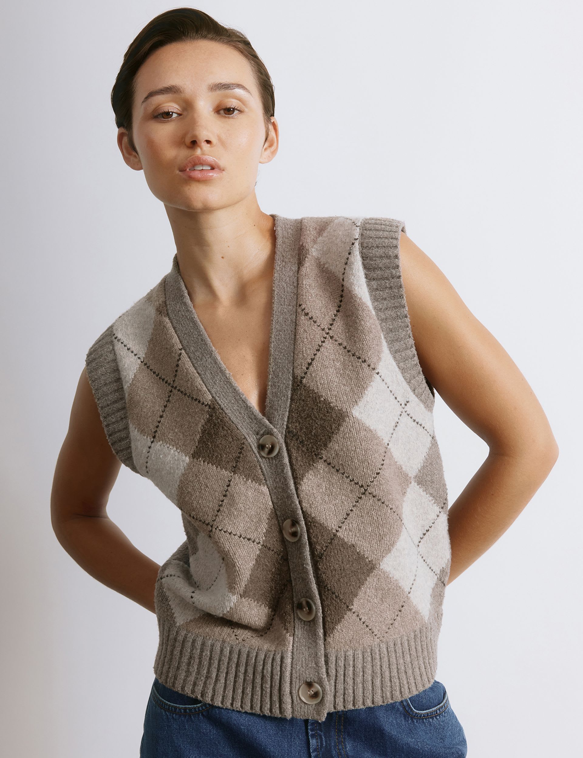 Argyle V-Neck Knitted Top With Wool