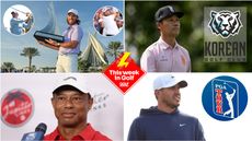 Tommy Fleetwood holds the Dubai Invitational trophy, Kevin Na, Tiger Woods and Brooks Koepka along with a This Week In Golf logo