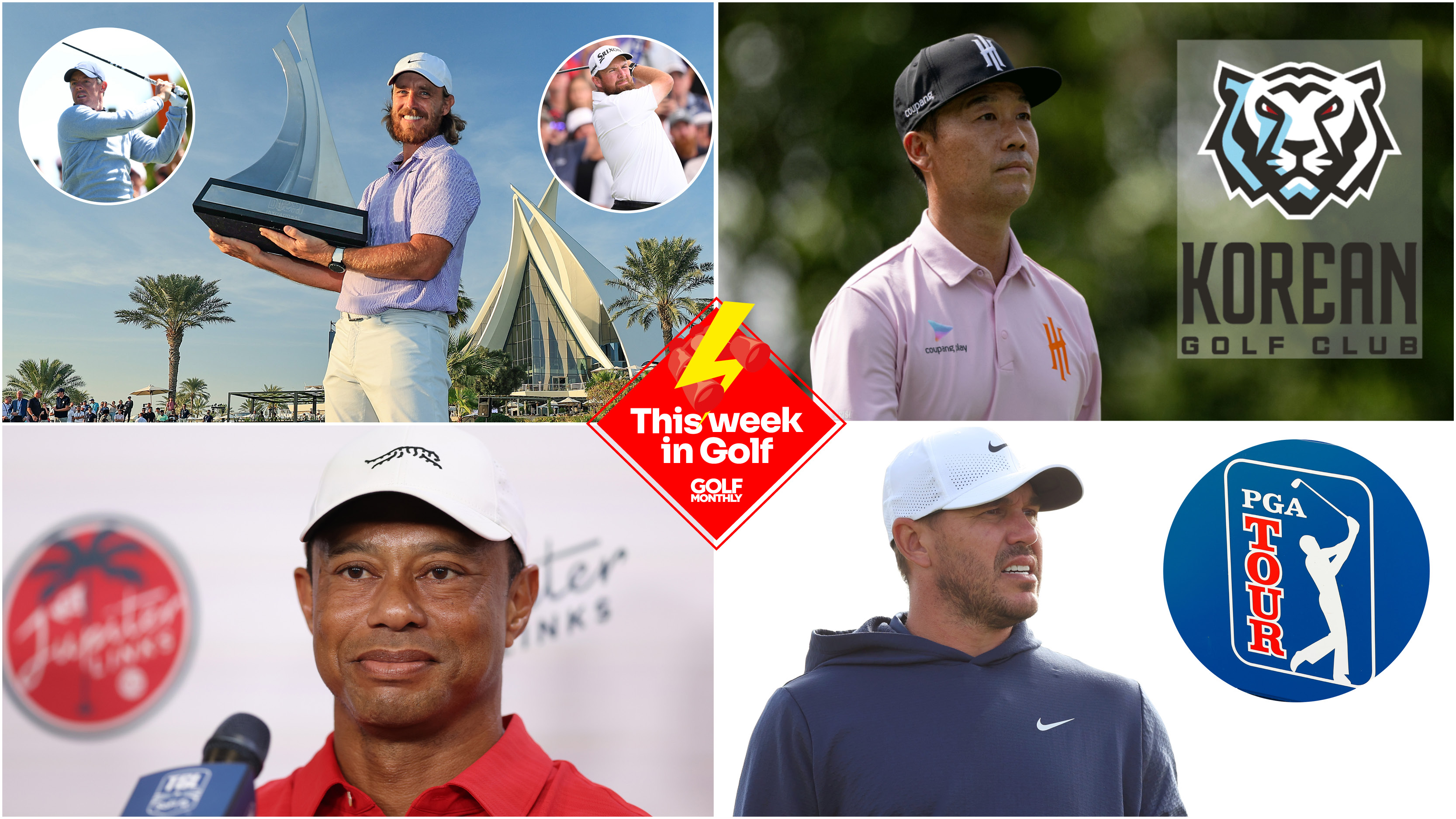 Tommy Fleetwood holds the Dubai Invitational trophy, Kevin Na, Tiger Woods and Brooks Koepka along with a This Week In Golf logo