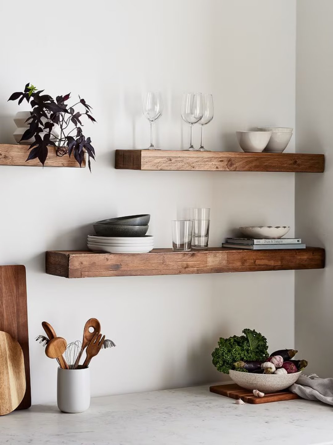 Wood shelves in a kitchen