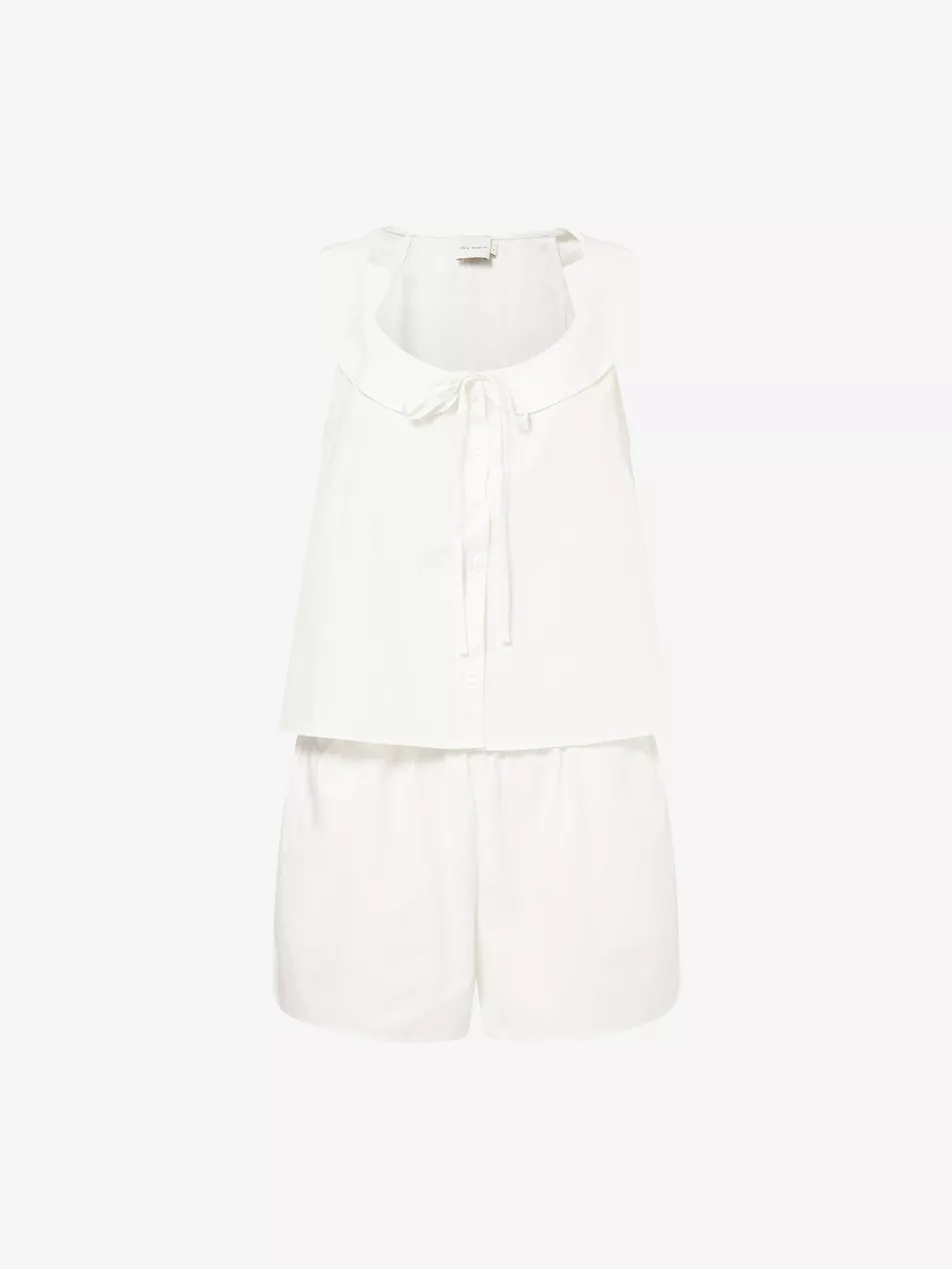 Sleeveless Collared Cotton Top-And-Shorts Set - Xxs