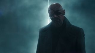 Scene from the Marvel TV show Secret Invasion. Here we see a still from Secret Invasion season 1 episode 6 - Nick Fury sees a friendly face.