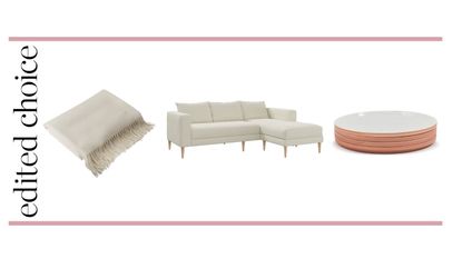 Eco-friendly products graphic with off-white cashmere throw, Sabai Designs white sofa and pink Our Place plates