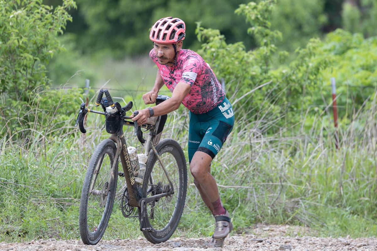 Lachlan Morton (EF Education) lost traction on the "B" climb and had to run 200 meters to the top before he could remount.