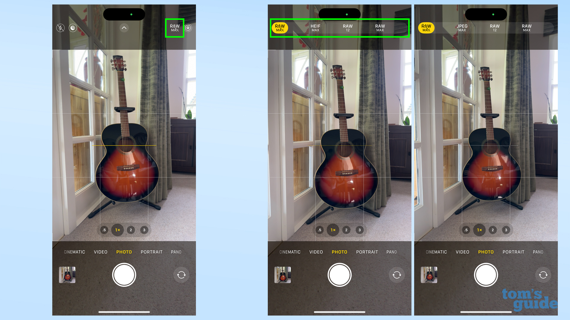 Снимки экрана приложения «Камера», показывающие полное меню фотографий в режимах ProRAW и Max в iOS 17.