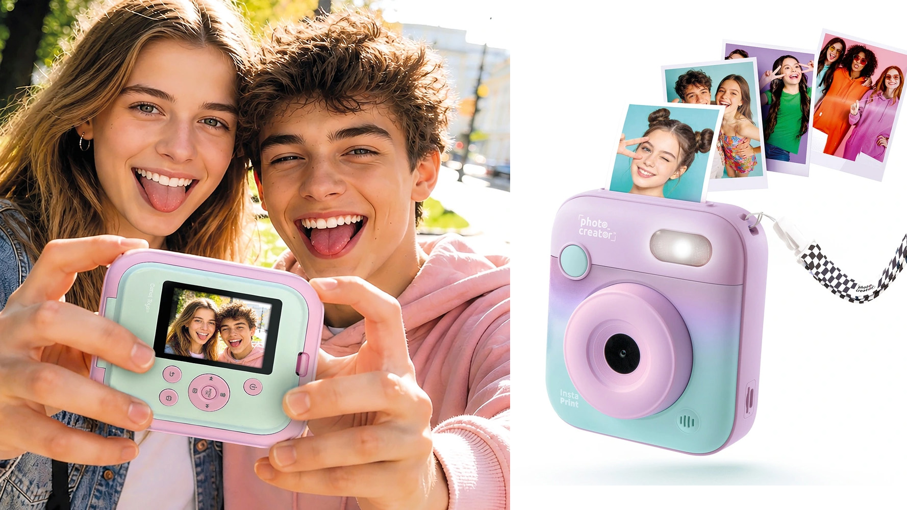 The Photo Creator Instant Color Kids camera in use and on a white background