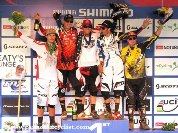 Men's downhill Windham World Cup podium: Steve Smith, Steve Peat, Aaron Gwin, Andrew Neethling, Brook Macdonald