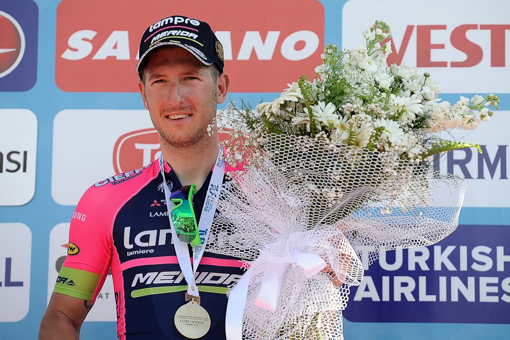 Sacha Modolo of Lampre-Merida celebrates on the podium after winning Stage 4 of the 2016 Tour of Turkey