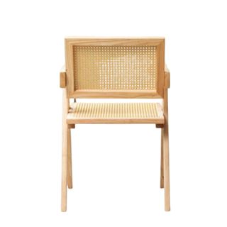 A wooden chair with a woven back