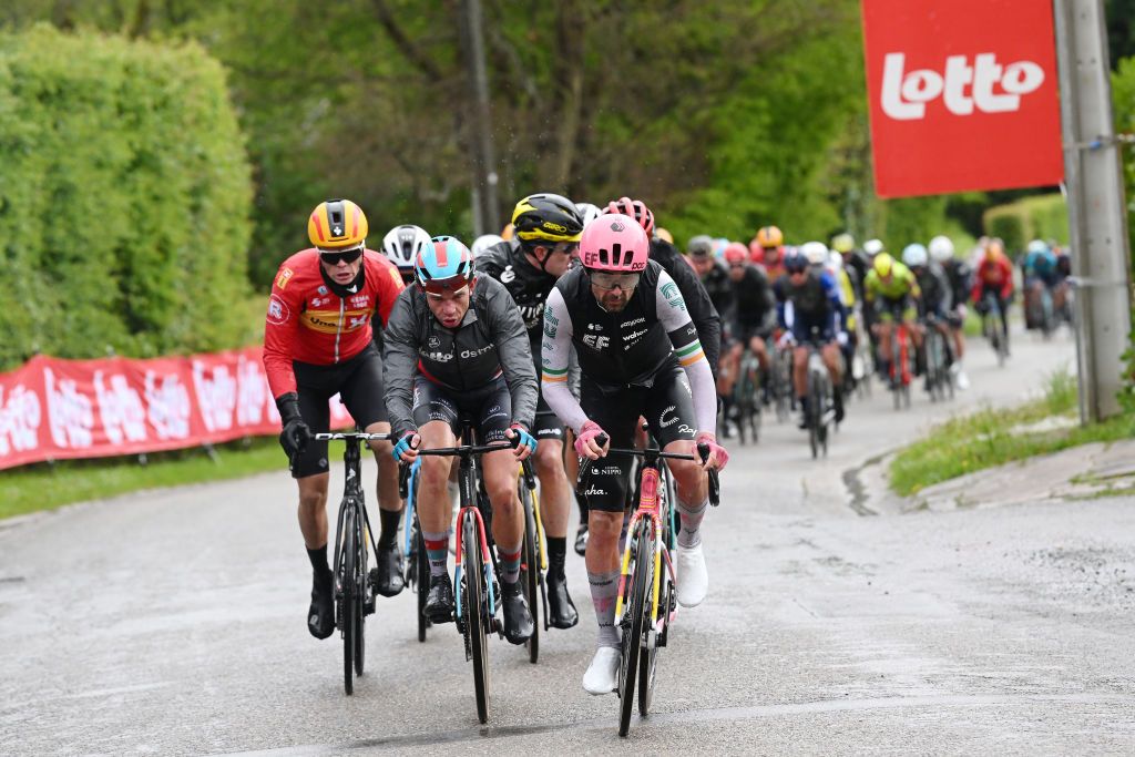 HUY BELGIUM APRIL 17 LR Adne Holter of Norway and Team UnoX Mobility Andreas Kron of Denmark and Team Lotto Dstny and Ben Healy of Ireland and Team EF Education EasyPost compete during the 88th La Fleche Wallonne 2024 Mens Elite a 1986km one day race from Charleroi to Huy UCIWT on April 17 2024 in Huy Belgium Photo by Dario BelingheriGetty Images