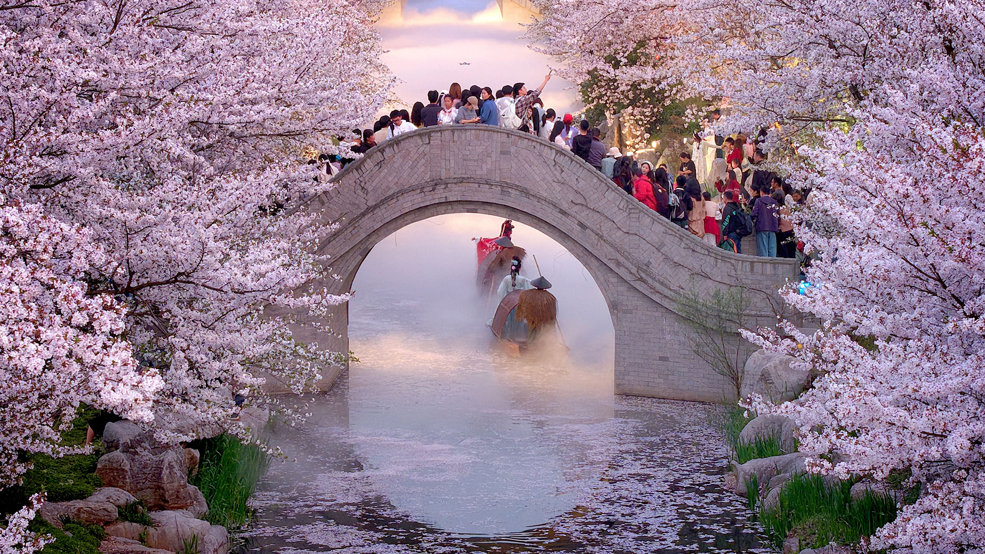 Tourists view cherry blossoms and boats passing under a scenic bridge in Nantong, China