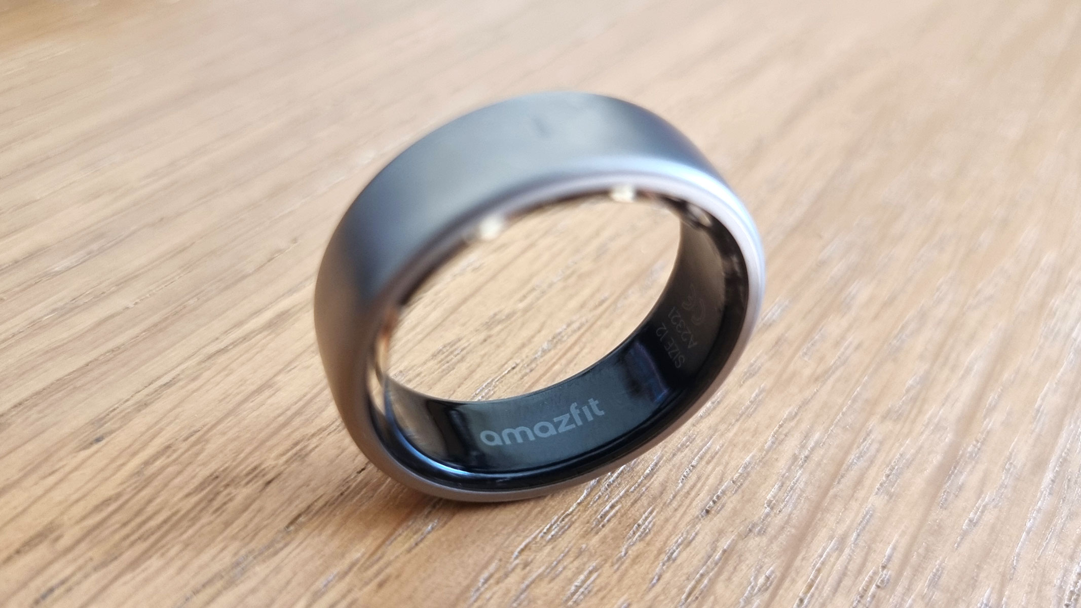 Amazfit Helio smart ring, a close-up picture of the logo on the inner side of the ring
