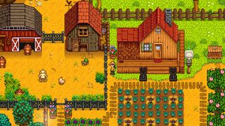 A screenshot from stardew valley, showing the player, their house, vegetable patch and barns