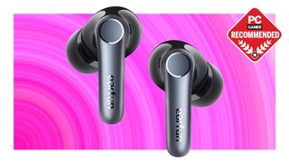 A pair of EarFun Air Pro 4 earbuds on a pink background with a PC Gamer Recommended logo on top