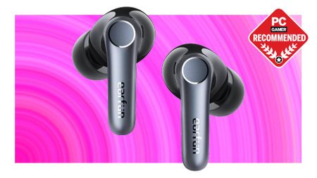 A pair of EarFun Air Pro 4 earbuds on a pink background with a PC Gamer Recommended logo on top