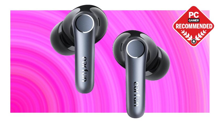 A pair of EarFun Air Pro 4 earbuds on a pink background with a PC Gamer Recommended logo on top