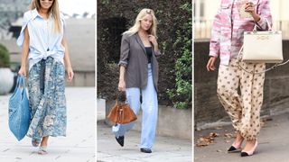 Three women wearing boho skirts and trousers