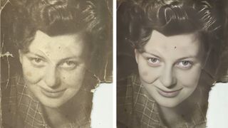 Side by side comparison of old photo before and after application of Adobe Photo Restoration Neural Filter