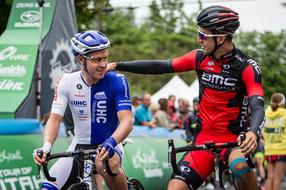 Taylor Phinney (BMC) welcomes Tanner Putt (UnitedHealthcare) to the start.