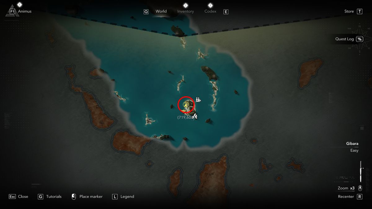 Black Flag treasure maps: A screenshot of the map with a red circle showing the location of the buried treasure chest in Salt Lagoon.