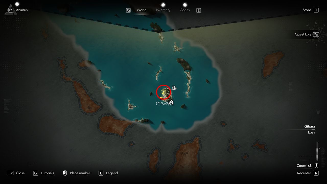 Black Flag treasure maps: A screenshot of the map with a red circle showing the location of the buried treasure chest in Salt Lagoon.