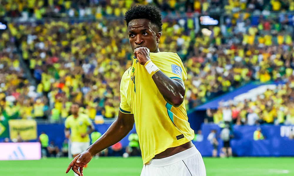 Brazil's Vinicius Junior celebrates scoring to make it 1-0 during a 2026 FIFA World Cup Group C match between Scotland and Brazil at the Miami Stadium.  