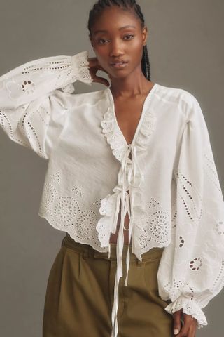 By Anthropologie Long-Sleeve Eyelet Poplin Tie-Front Top