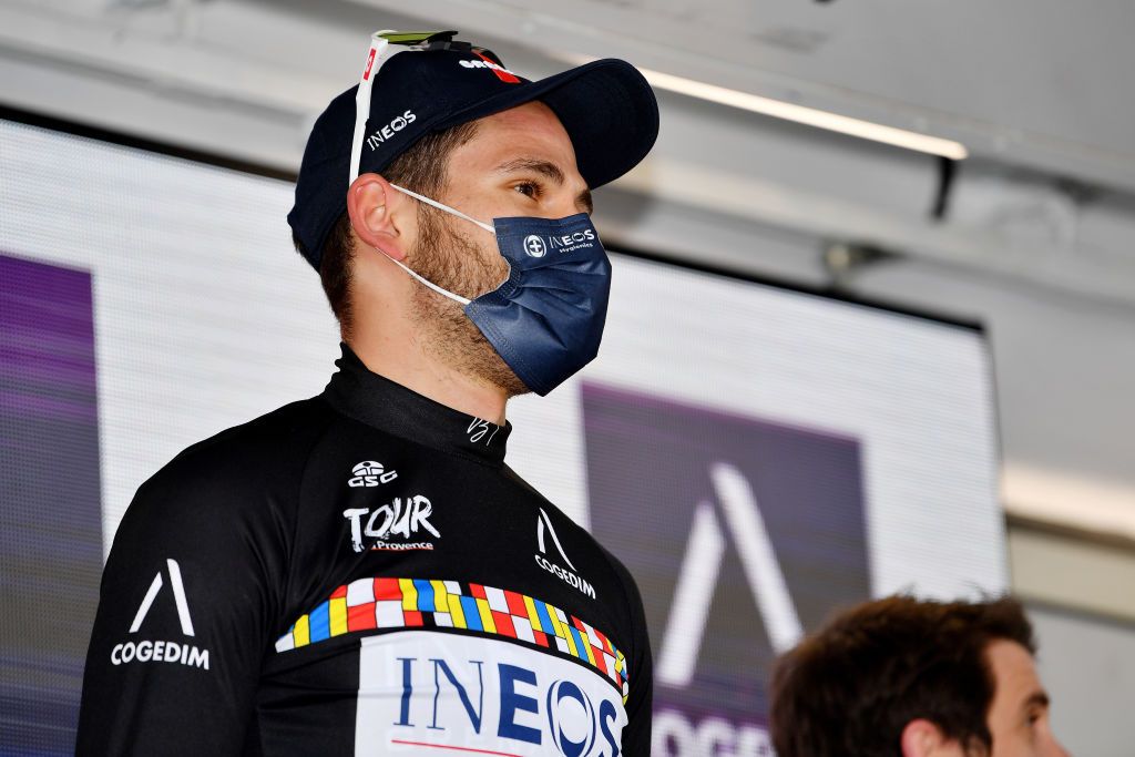 MANOSQUE FRANCE FEBRUARY 12 Filippo Ganna of Italy and Team INEOS Grenadiers celebrates winning the Black Leader Jersey on the podium ceremony after the 6th Tour de La Provence 2022 Stage 2 a 1806km stage from Arles to Manosque 417m TDLP22 on February 12 2022 in Manosque France Photo by Luc ClaessenGetty Images