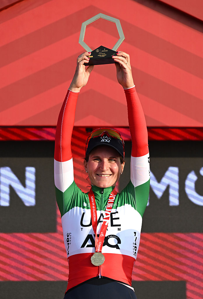 JEBEL HAFEET, UNITED ARAB EMIRATES - FEBRUARY 08: Elisa Longo Borghini of Italy and Team UAE ADQ celebrates at podium as stage winner during the 4th UAE Tour Women 2026, Stage 4 a 156km stage from Al Ain Hazza Bin Zayed Stadium to Jebel Hafeet 1042m / #UCIWWT / on February 08, 2026 in Jebel Hafeet, United Arab Emirates. (Photo by Tim de Waele/Getty Images)